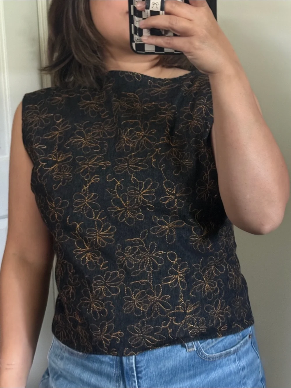 Classic Denim Vintage K&R Cropped Zip Back Top with Embroidered. M